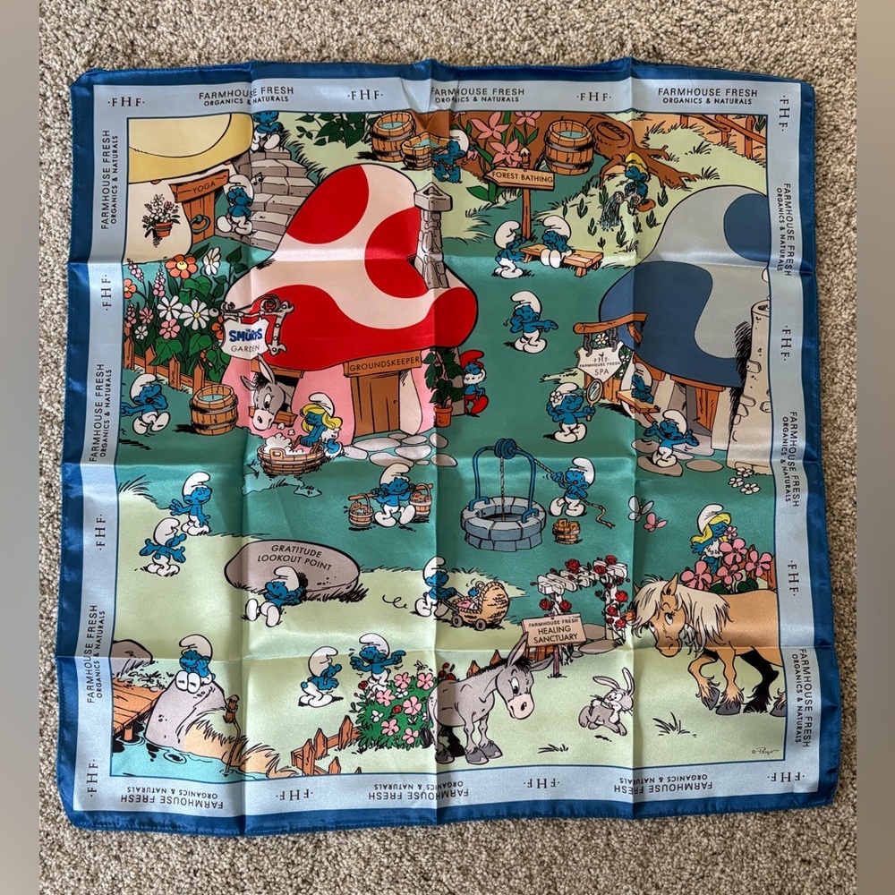 Farmhouse Fresh Smurfs
Collab Peyo vintage silk scarf NEW Animals Flowers